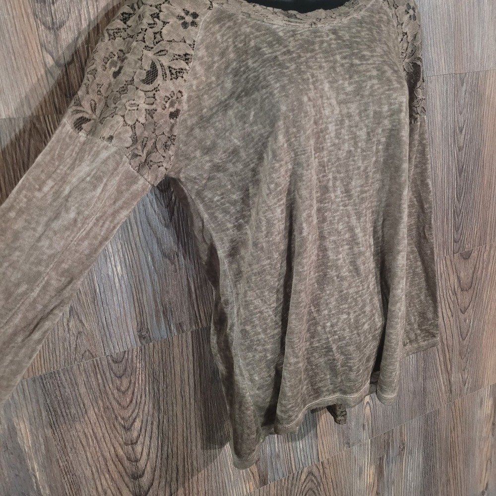Elena Baldi Semi Sheer Lace Trim Top Size S Brown Back Tie Bow Beachy Boho - Picture 5 of 11